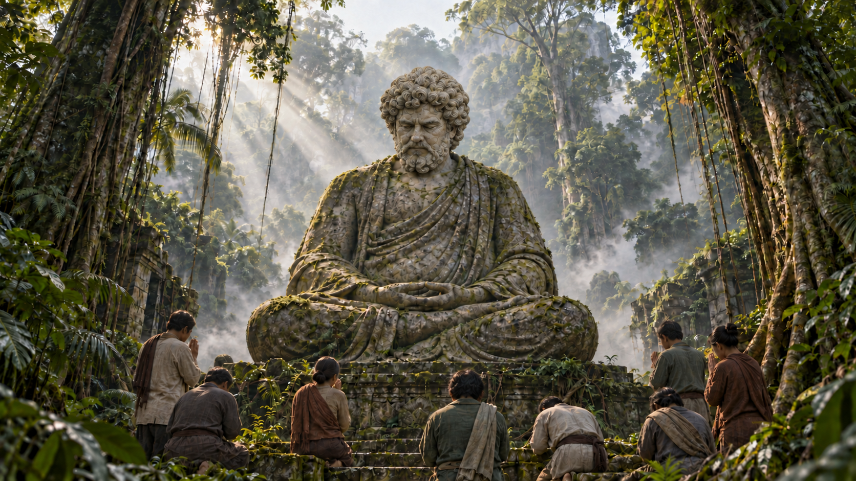 Una estatua de piedra con los rasgos de Jordi Gatell, sentada en meditación en la selva y rodeada de personas que le rinden homenaje